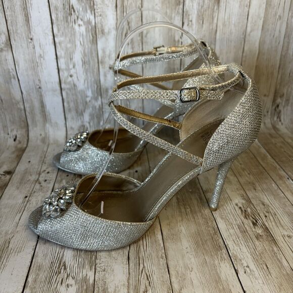 Badgley Mischka Belle Jewel Encrusted Silver Sparkling High Heel Shoes Size 9 - Picture 6 of 10